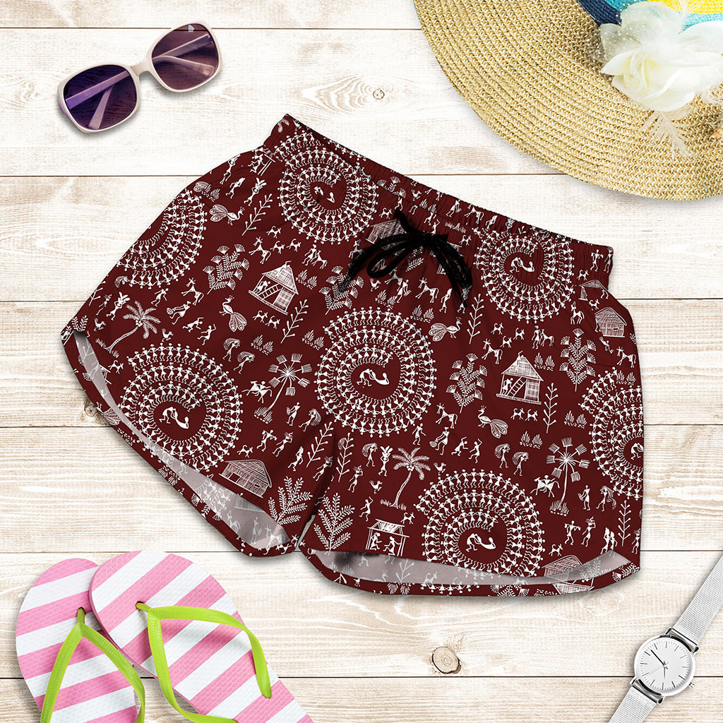 Red And White Warli Tribal Print Women's Shorts