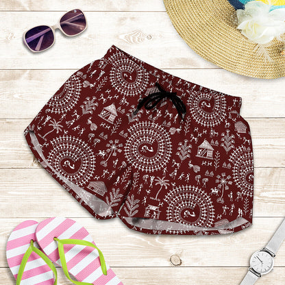 Red And White Warli Tribal Print Women's Shorts