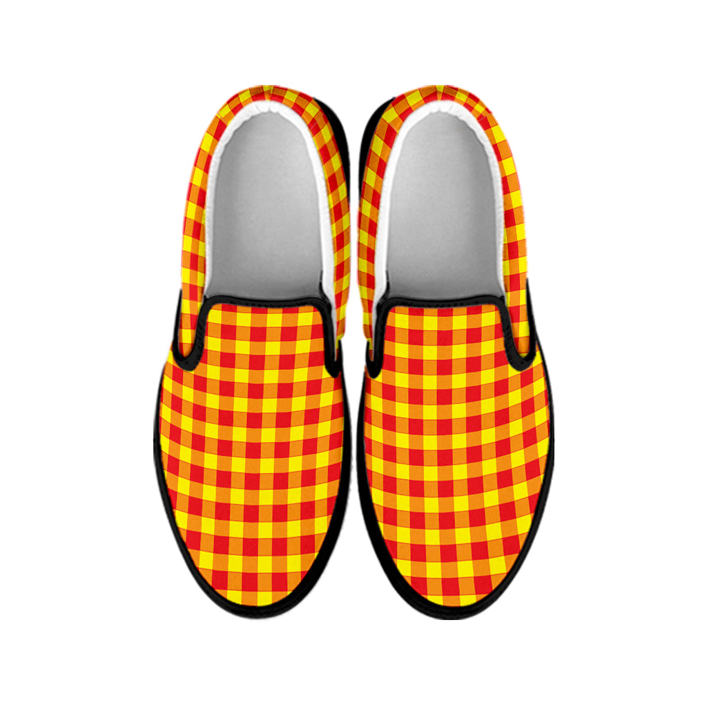 Red And Yellow Check Pattern Print Black Slip On Shoes