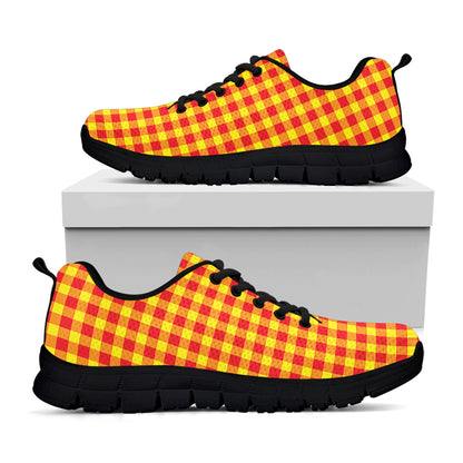 Red And Yellow Check Pattern Print Black Sneakers