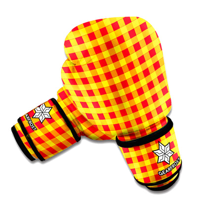 Red And Yellow Check Pattern Print Boxing Gloves
