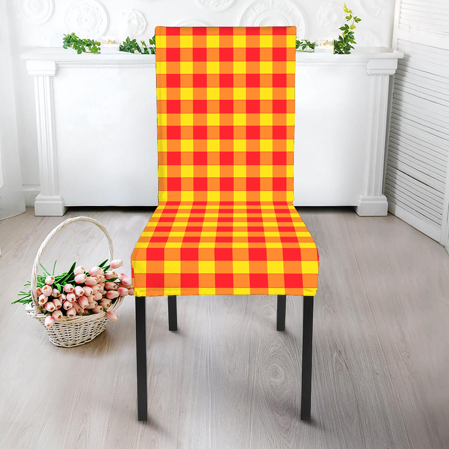 Red And Yellow Check Pattern Print Dining Chair Slipcover