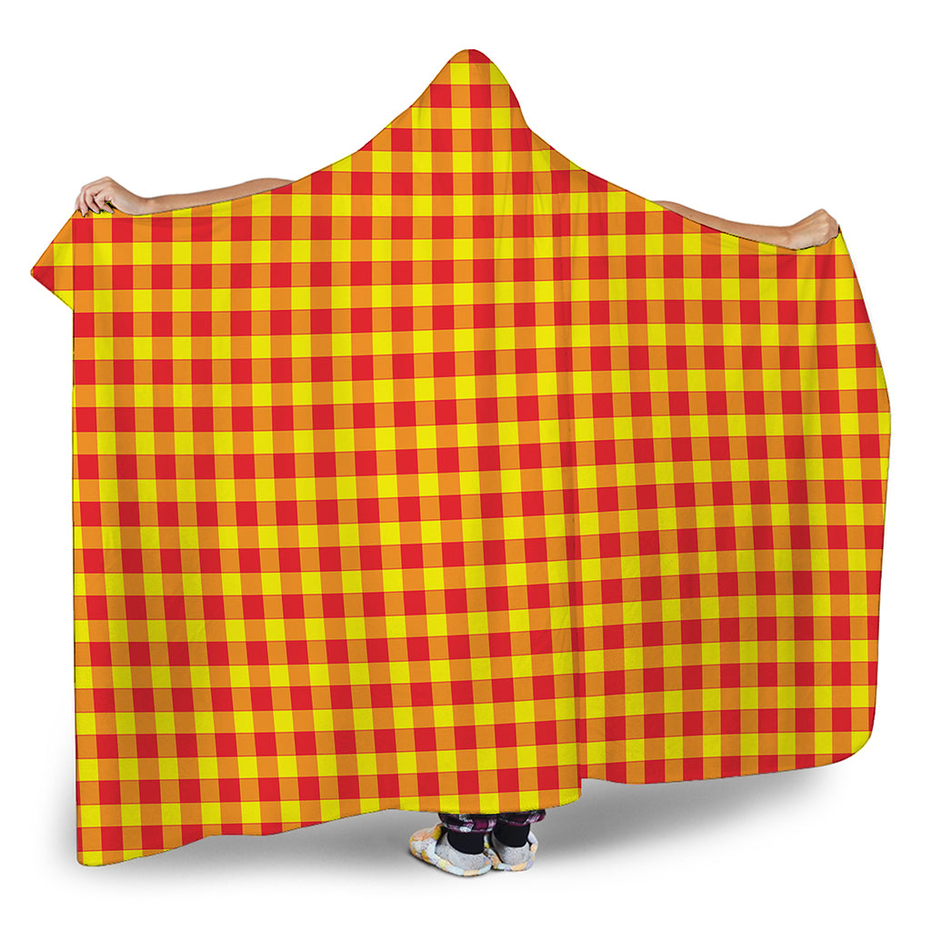 Red And Yellow Check Pattern Print Hooded Blanket