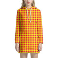 Red And Yellow Check Pattern Print Pullover Hoodie Dress