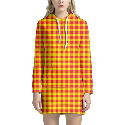 Red And Yellow Check Pattern Print Hoodie Dress