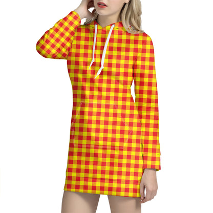 Red And Yellow Check Pattern Print Hoodie Dress