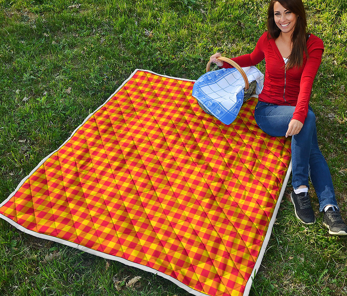 Red And Yellow Check Pattern Print Quilt
