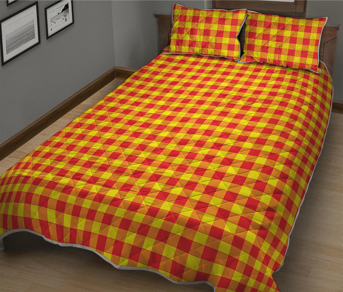 Red And Yellow Check Pattern Print Quilt Bed Set