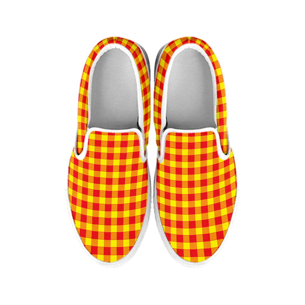 Red And Yellow Check Pattern Print White Slip On Shoes