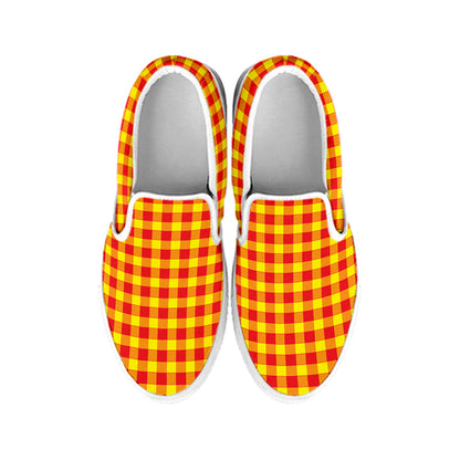Red And Yellow Check Pattern Print White Slip On Shoes