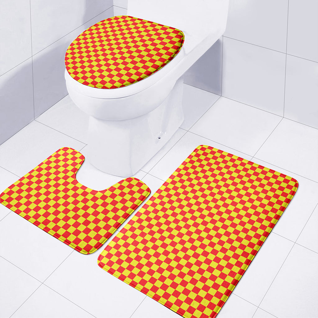 Red And Yellow Checkered Pattern Print 3 Piece Bath Mat Set