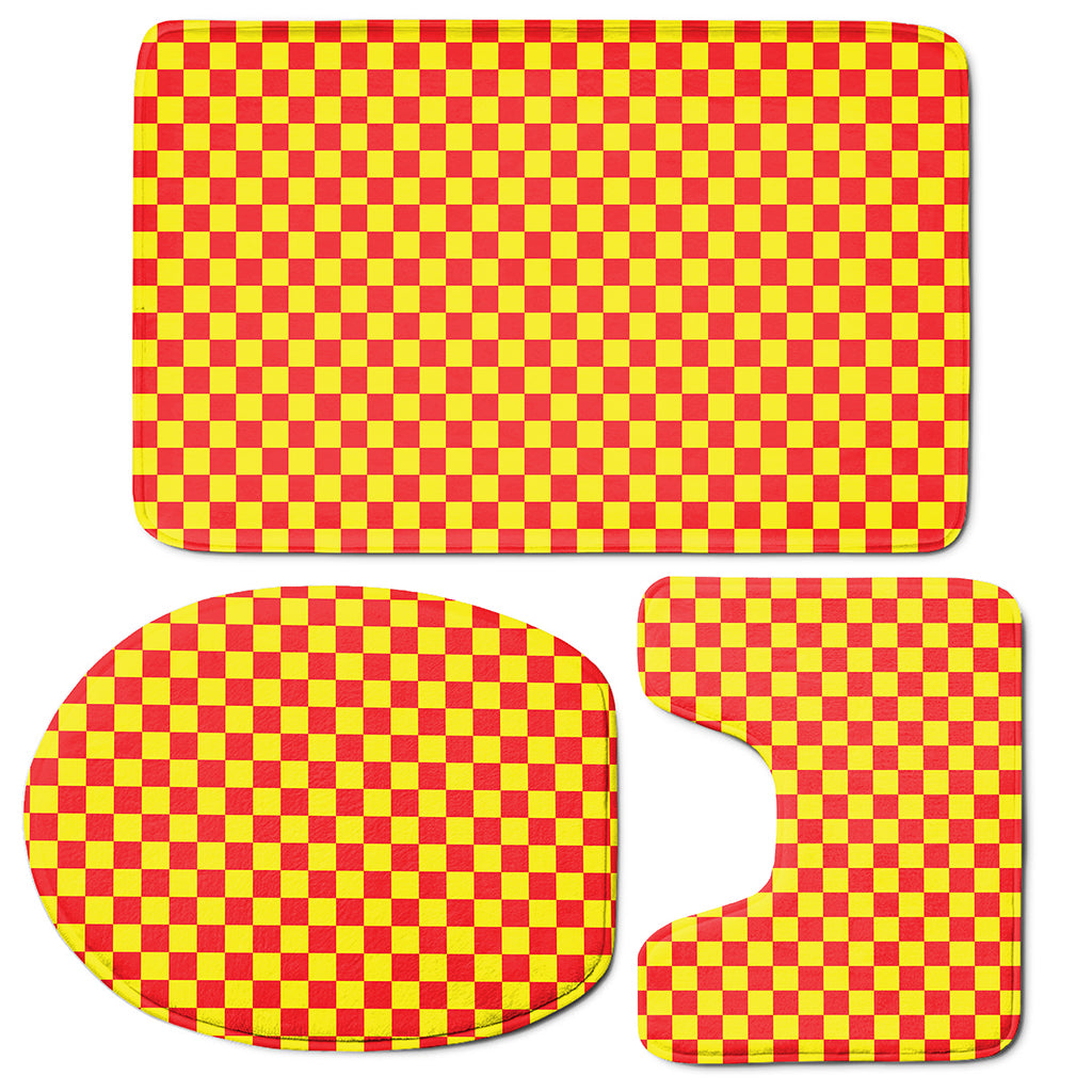 Red And Yellow Checkered Pattern Print 3 Piece Bath Mat Set
