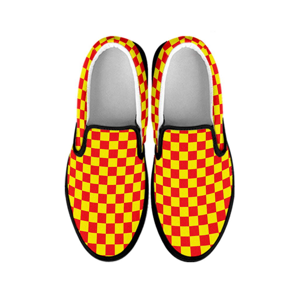 Red And Yellow Checkered Pattern Print Black Slip On Shoes