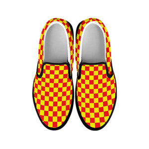 Red And Yellow Checkered Pattern Print Black Slip On Shoes