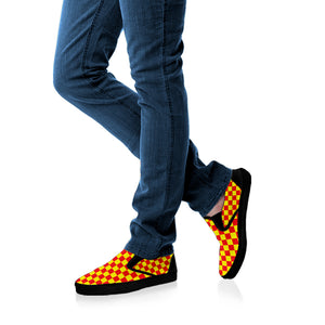 Red And Yellow Checkered Pattern Print Black Slip On Shoes