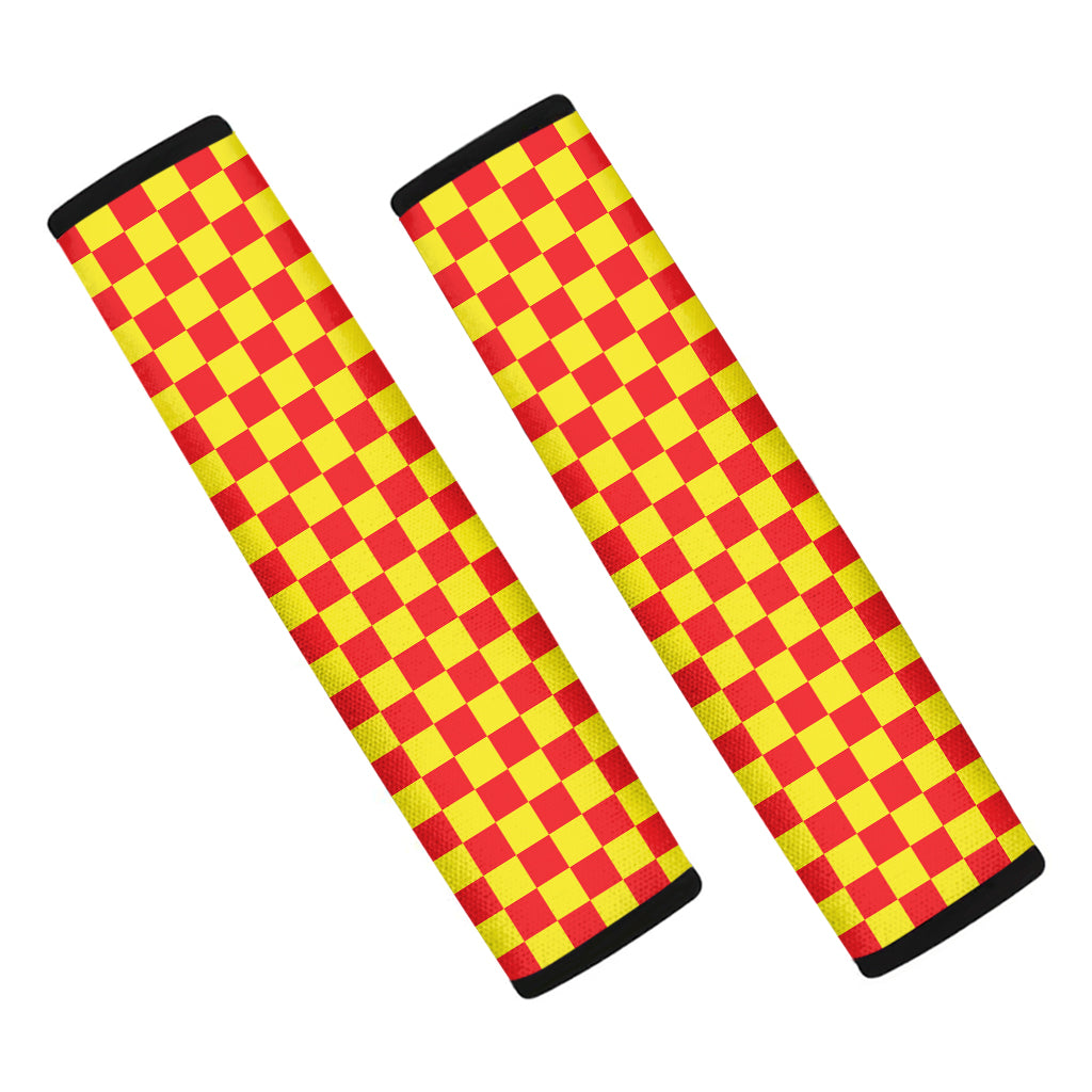 Red And Yellow Checkered Pattern Print Car Seat Belt Covers