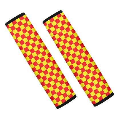 Red And Yellow Checkered Pattern Print Car Seat Belt Covers