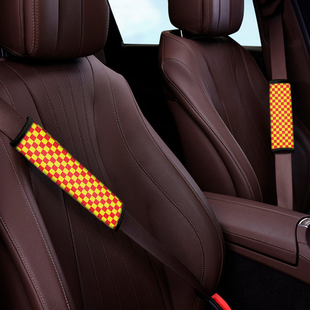 Red And Yellow Checkered Pattern Print Car Seat Belt Covers