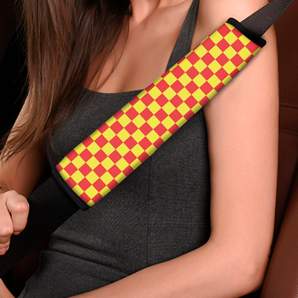 Red And Yellow Checkered Pattern Print Car Seat Belt Covers