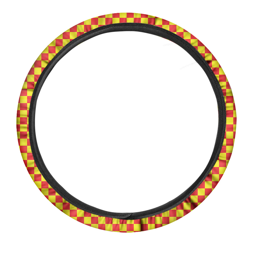 Red And Yellow Checkered Pattern Print Car Steering Wheel Cover