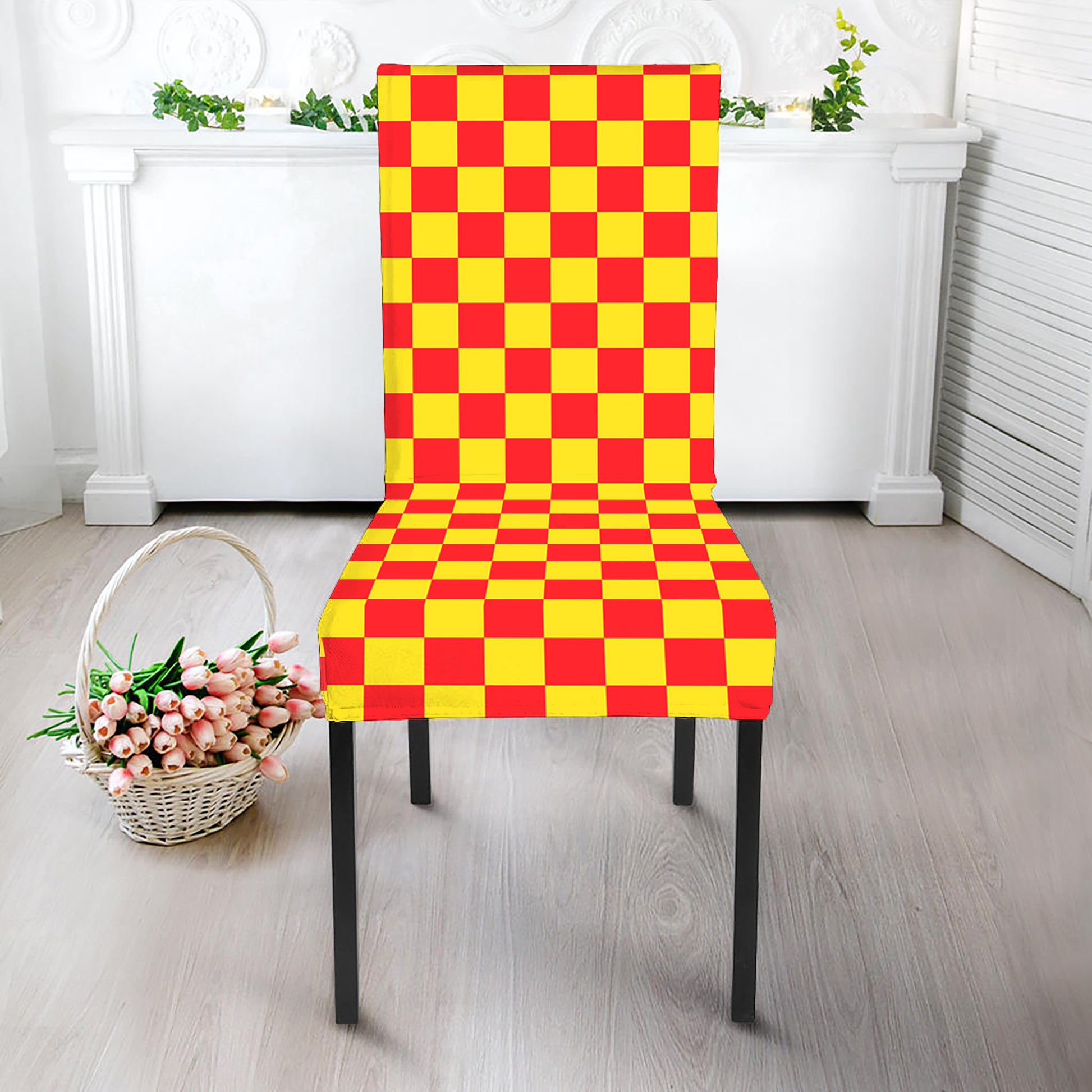 Red And Yellow Checkered Pattern Print Dining Chair Slipcover