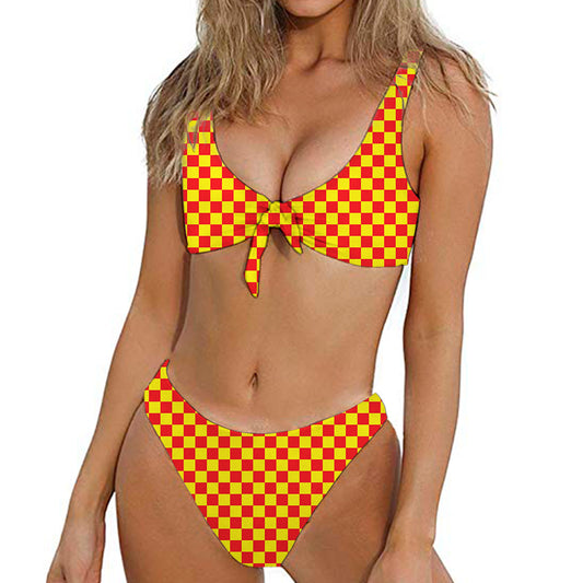 Red And Yellow Checkered Pattern Print Front Bow Tie Bikini