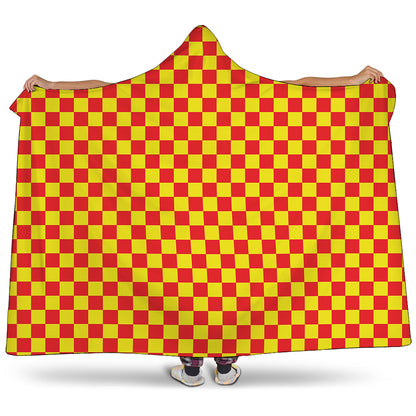 Red And Yellow Checkered Pattern Print Hooded Blanket