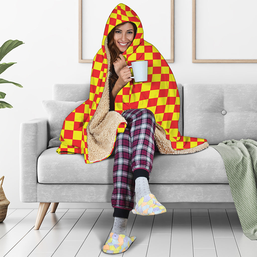 Red And Yellow Checkered Pattern Print Hooded Blanket