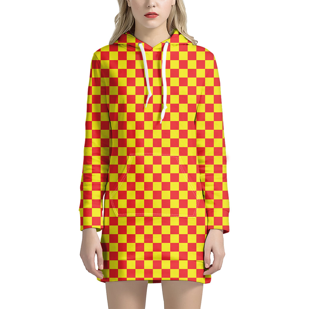Red And Yellow Checkered Pattern Print Hoodie Dress