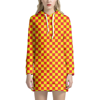 Red And Yellow Checkered Pattern Print Hoodie Dress