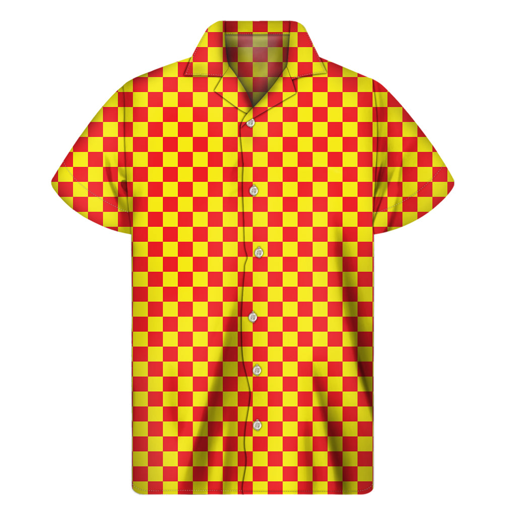 Red And Yellow Checkered Pattern Print Men's Short Sleeve Shirt