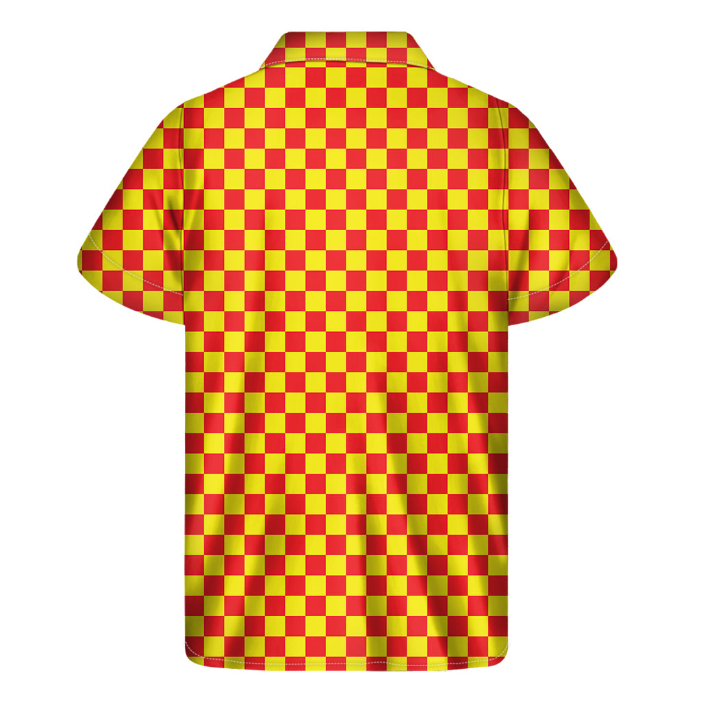 Red And Yellow Checkered Pattern Print Men's Short Sleeve Shirt