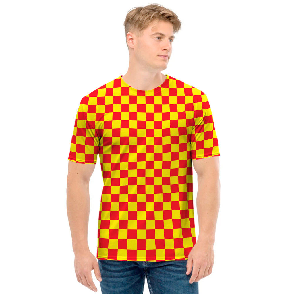 Red And Yellow Checkered Pattern Print Men's T-Shirt