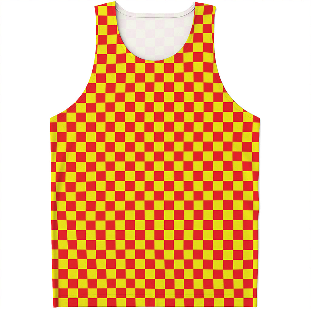 Red And Yellow Checkered Pattern Print Men's Tank Top