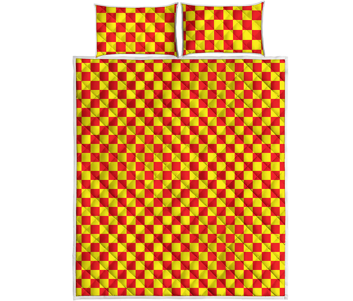 Red And Yellow Checkered Pattern Print Quilt Bed Set