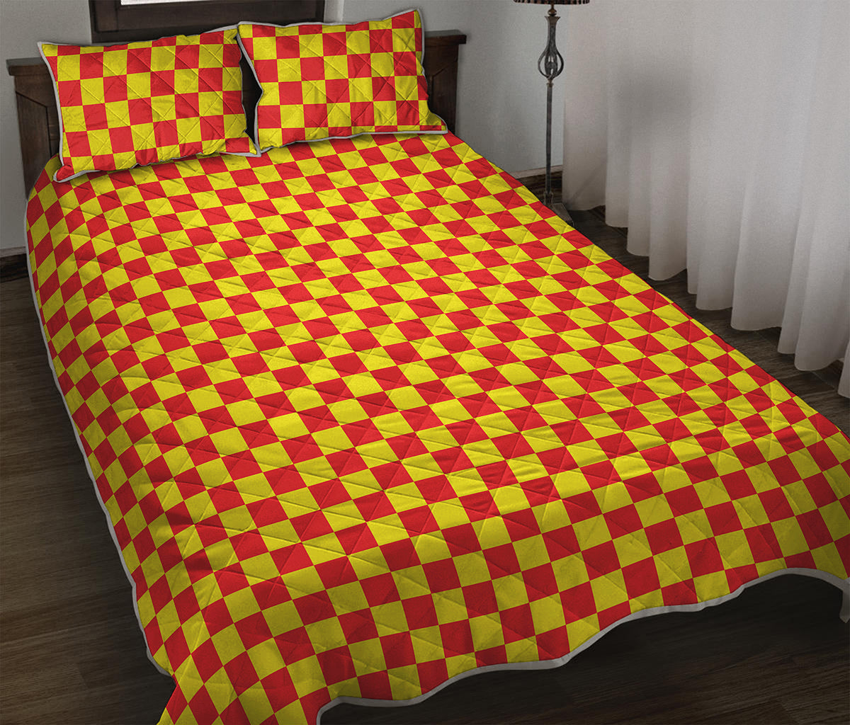 Red And Yellow Checkered Pattern Print Quilt Bed Set