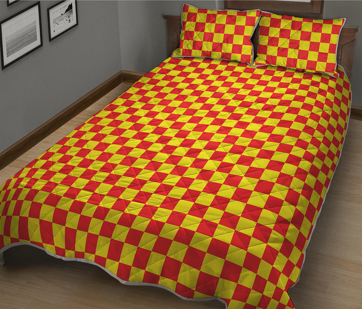Red And Yellow Checkered Pattern Print Quilt Bed Set