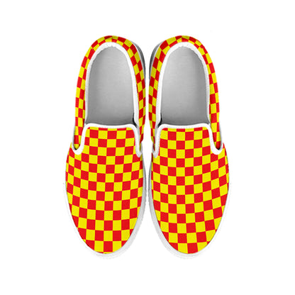 Red And Yellow Checkered Pattern Print White Slip On Shoes