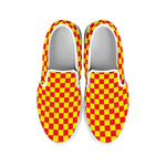 Red And Yellow Checkered Pattern Print White Slip On Shoes