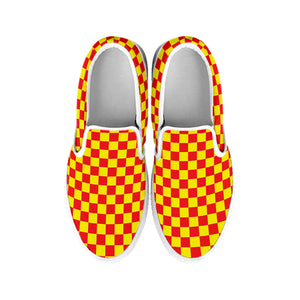 Red And Yellow Checkered Pattern Print White Slip On Shoes