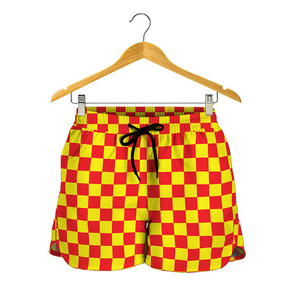 Red And Yellow Checkered Pattern Print Women's Shorts