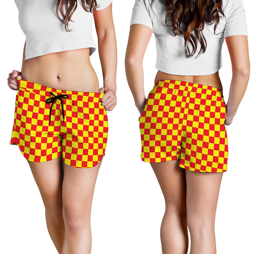 Red And Yellow Checkered Pattern Print Women's Shorts