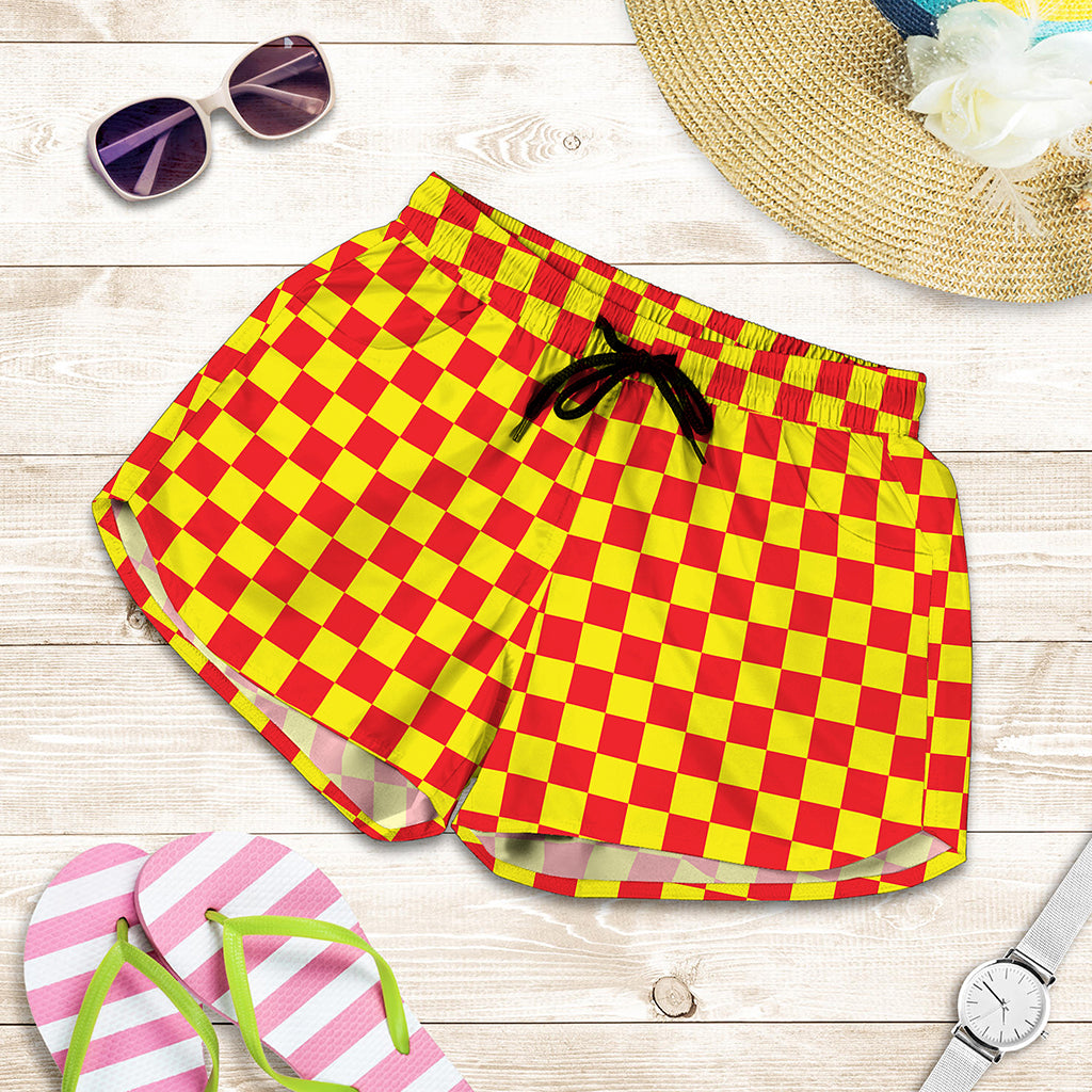 Red And Yellow Checkered Pattern Print Women's Shorts