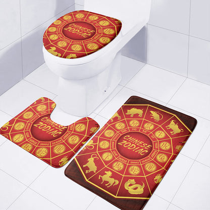 Red And Yellow Chinese Zodiac Print 3 Piece Bath Mat Set