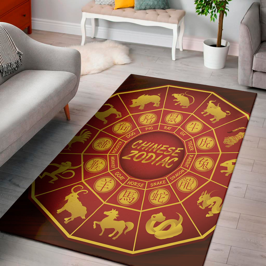 Red And Yellow Chinese Zodiac Print Area Rug