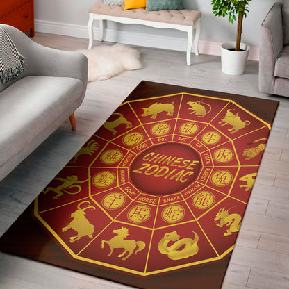 Red And Yellow Chinese Zodiac Print Area Rug