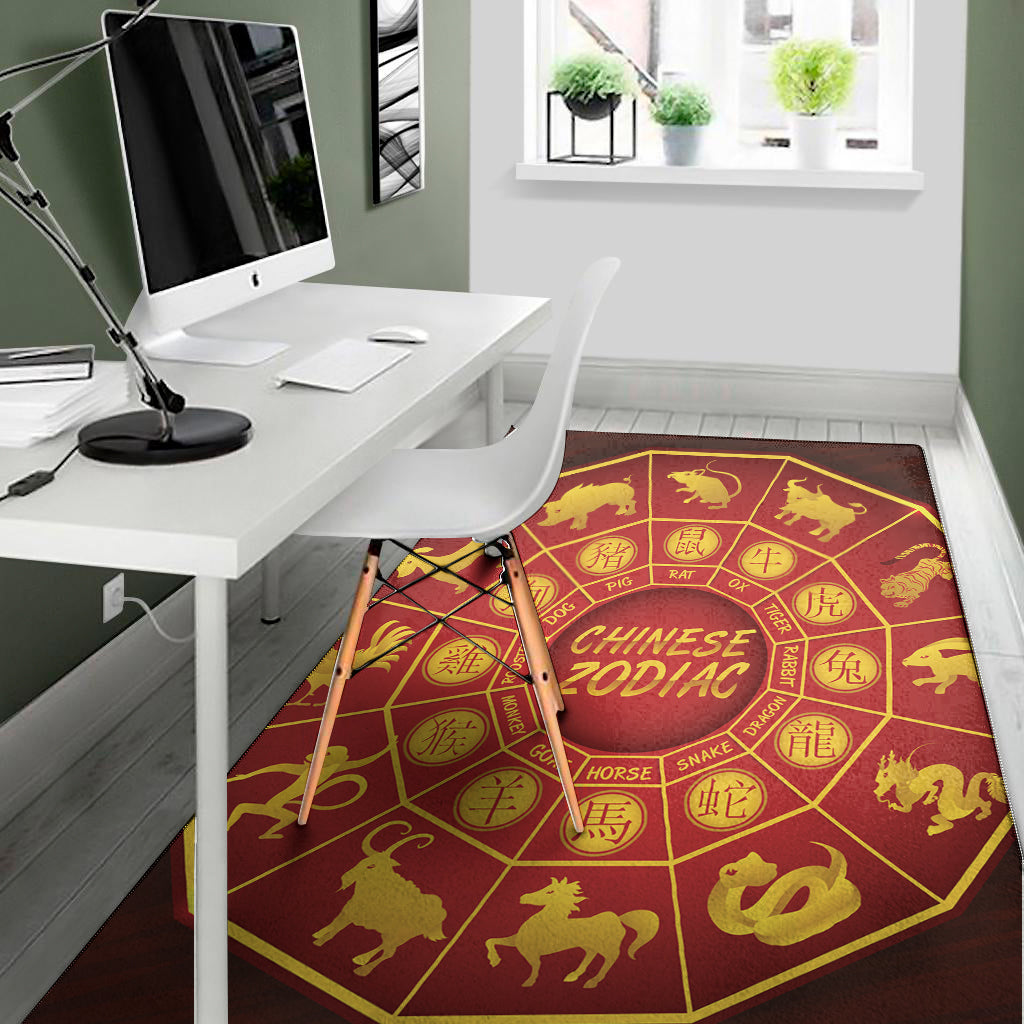 Red And Yellow Chinese Zodiac Print Area Rug
