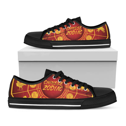 Red And Yellow Chinese Zodiac Print Black Low Top Shoes 