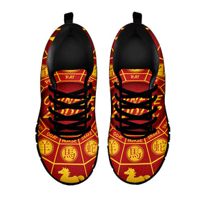 Red And Yellow Chinese Zodiac Print Black Sneakers
