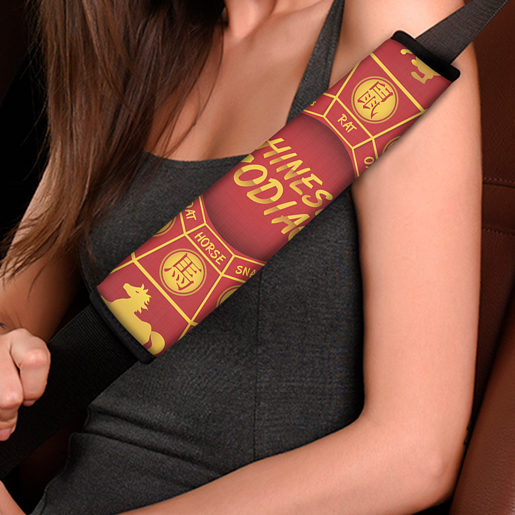 Red And Yellow Chinese Zodiac Print Car Seat Belt Covers
